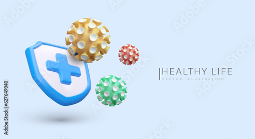 3d realistic medical symbol with blue cross and colorful bacteria. Healthy lifestyle concept. Vector illustration with place for text and blue background