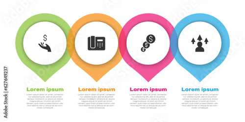 Set Hand holding coin money, Telephone 24 hours support, Financial growth dollar and Front end development. Business infographic template. Vector