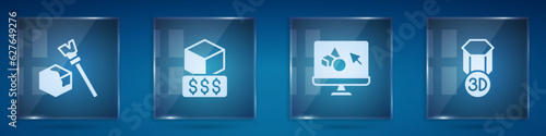 Set Isometric cube, 3D printer services, software and . Square glass panels. Vector