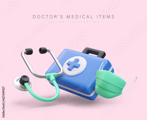 3d realistic doctor medical items. Web poster with kit for medical worker. First aid kit, protection for doctor. Medical help concept. Vector illustration with place for text