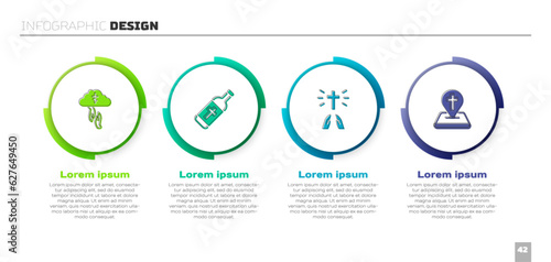 Set God's helping hand, Holy water bottle, Hands praying position and Location church building. Business infographic template. Vector
