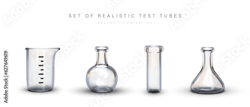 Collection of realistic empty labware. Clean, washed test tubes, beaker, flask. Transparent glassware. Equipment is ready for use. Illustrations for laboratory tool shop, website, game