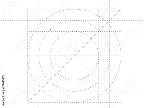Mock-up of the logo grid for graphic design. Logo grid with rectangle and circle inside. Illustration of the grid for the sketches of the emblem. Grid template.