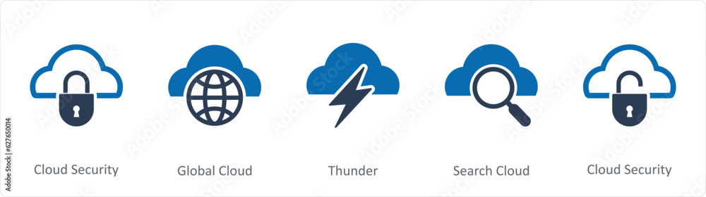 A set of 5 Internet icons as cloud security, global cloud, thunder, search cloud A set of 5 Internet icons as cloud security, global cloud, thunder, search cloud