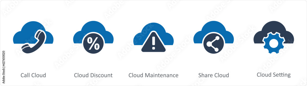 A set of 5 Internet icons as call cloud, cloud discount, cloud maintenance A set of 5 Internet icons as call cloud, cloud discount, cloud maintenance