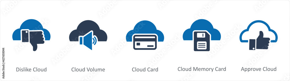 A set of 5 Internet icons as dislike cloud, cloud volume, cloud card A set of 5 Internet icons as dislike cloud, cloud volume, cloud card