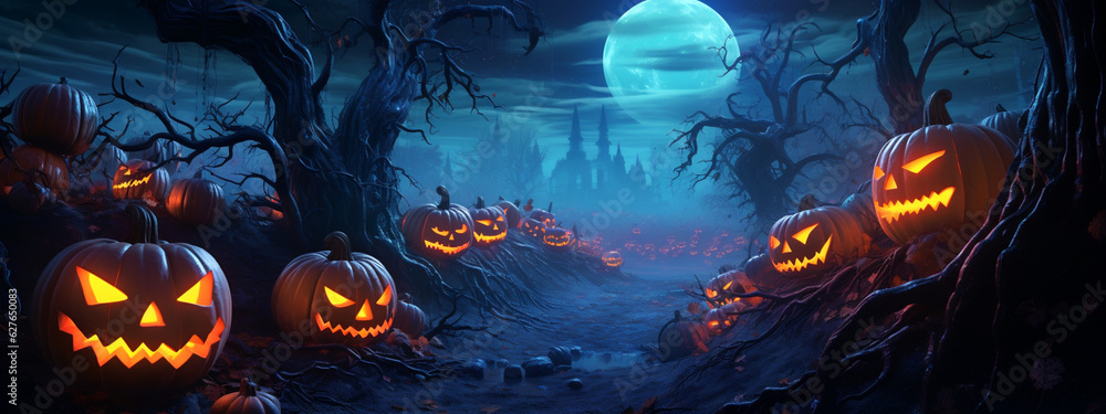 Magical Fantasy halloween. Mythical creatures in the twilight forest or otherworldly elements to create captivating scene. Banner. Generative AI content