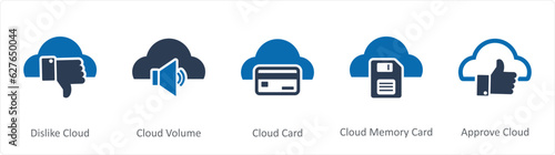 A set of 5 Internet icons as dislike cloud, cloud volume, cloud card