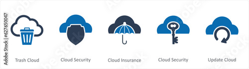 A set of 5 Internet icons as trash cloud, cloud security, cloud insurance