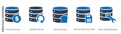 A set of 5 Internet icons as finance server, update server, home server 