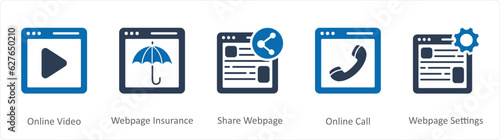 A set of 5 Internet icons as online video, webpage insurance, share webpage