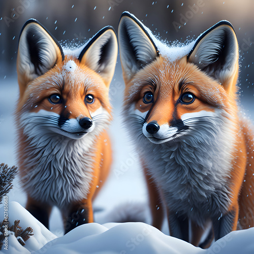 Cute Red Foxes in the Snow, Generative AI 
