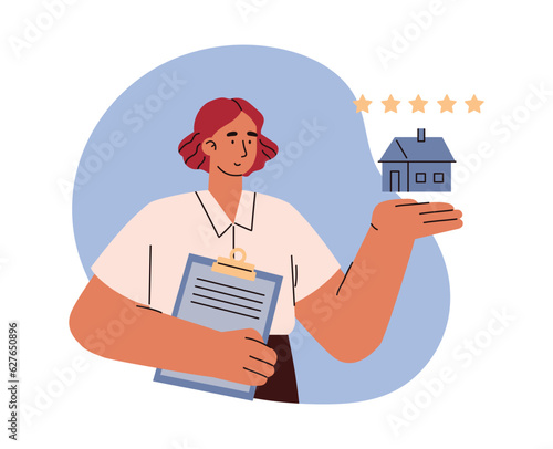 Female realtor promoting house for sale or rent, flat vector illustration isolated on white background.