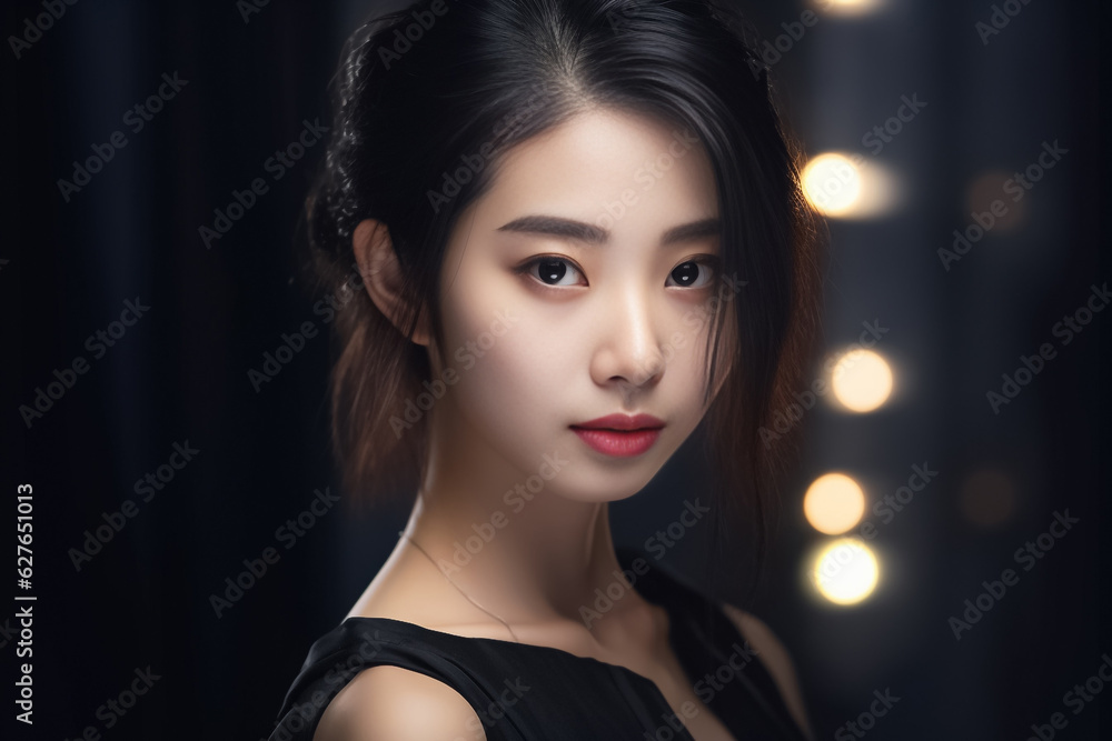 an exquisite black gown, the young Asian woman exudes elegance and luxury, epitomizing a contemporary fashion style with a dark mood and tone. Generative AI. an exquisite black gown, the young Asian woman exudes elegance and luxury, epitomizing a contemporary fashion style with a dark mood and tone. Generative AI.