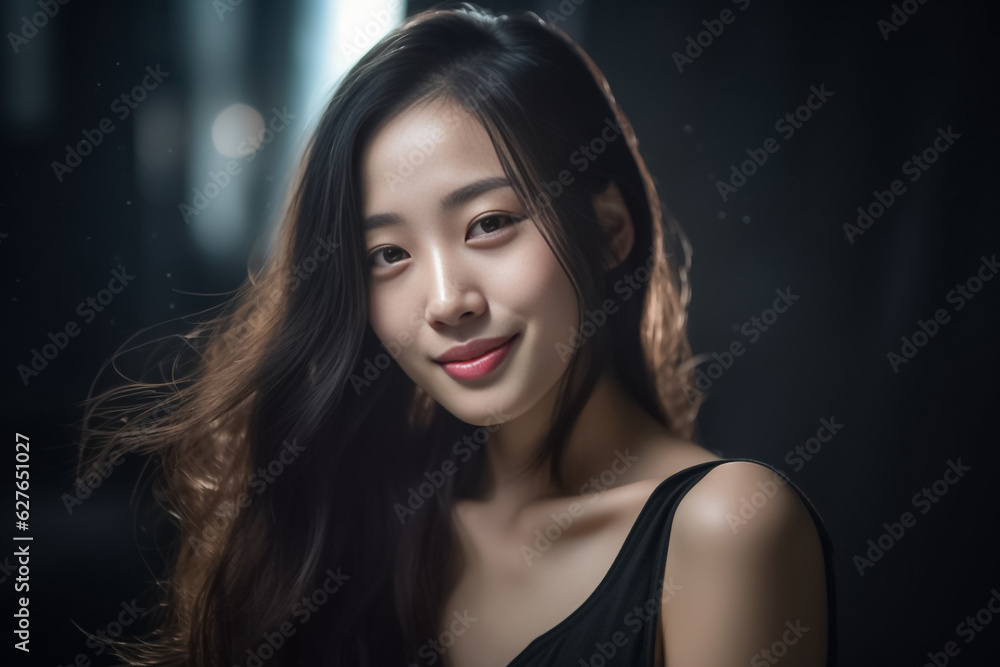 an exquisite black gown, the young Asian woman exudes elegance and luxury, epitomizing a contemporary fashion style with a dark mood and tone. Generative AI. an exquisite black gown, the young Asian woman exudes elegance and luxury, epitomizing a contemporary fashion style with a dark mood and tone. Generative AI.