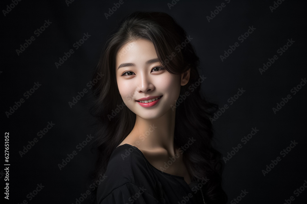 an exquisite black gown, the young Asian woman exudes elegance and luxury, epitomizing a contemporary fashion style with a dark mood and tone. Generative AI.
