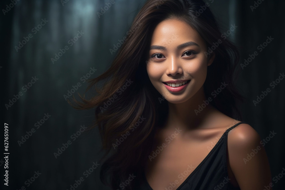 Fototapeta premium an exquisite black gown, the young Asian woman exudes elegance and luxury, epitomizing a contemporary fashion style with a dark mood and tone. Generative AI.
