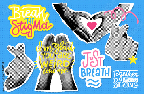 Collage stickers sey with hand showing love gestures in halftone effect style. Cut out paper pieces. The hand holds gesturing heart sign. Vector y2k modern illustration with self love quotes.
