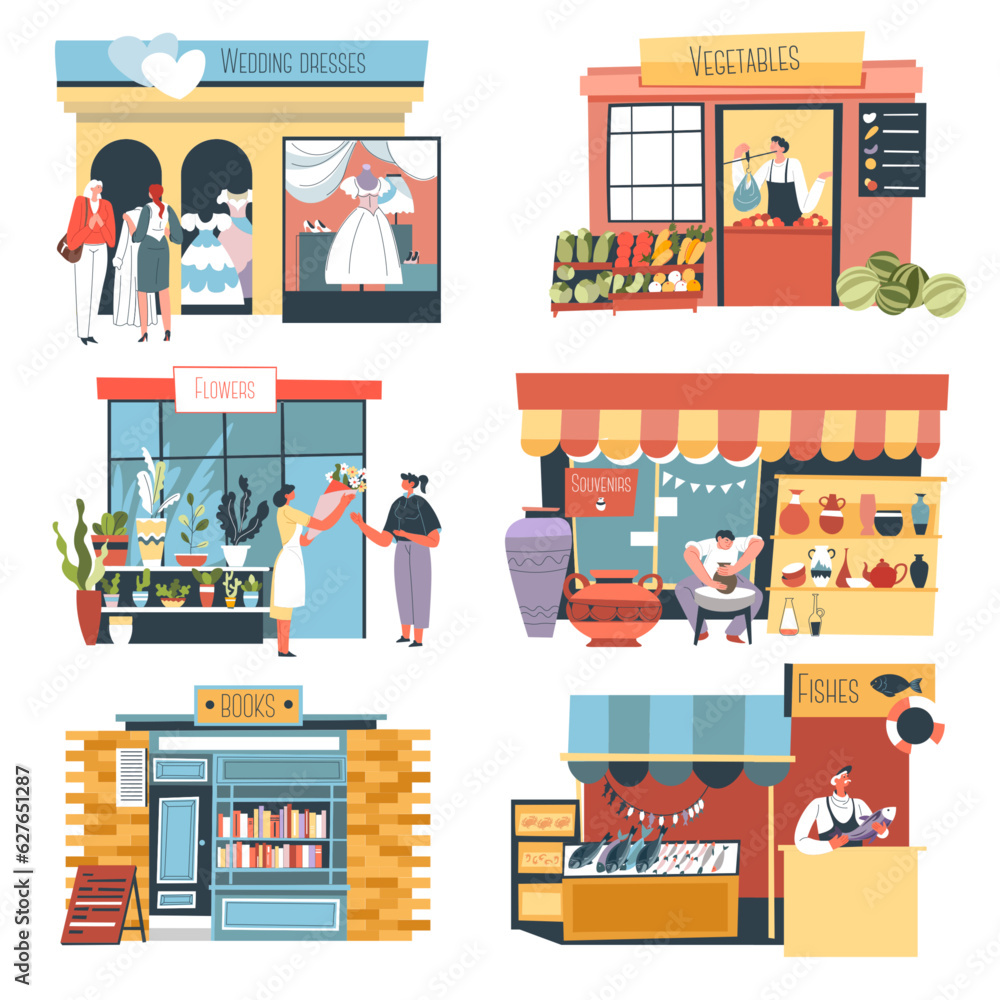 Shops and stall, street kiosks and stores vector
