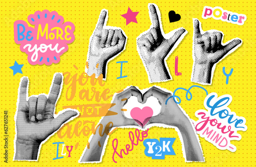 Halftone poster with lovely hands set. Love collage elements. Heart Gesture sign with gesture language letters I L Y. Modern art collage with human palms. Trendy vector sticker pack in Y2K style