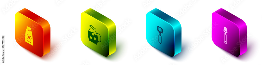 Set Isometric Sunscreen cream in tube, Jug glass with water, Spatula and Spoon icon. Vector Set Isometric Sunscreen cream in tube, Jug glass with water, Spatula and Spoon icon. Vector