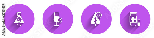 Set Bottle with potion, Poisoned alcohol, flower and Antidote icon with long shadow. Vector