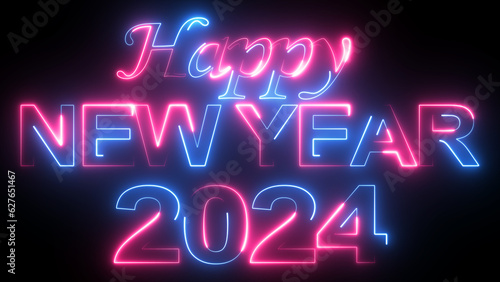 Happy New Year 2024 Greeting Card. Neon bright text Happy New Year 2024. Holiday design for flyer  greeting card  banner  celebration poster  party invitation or calendar.