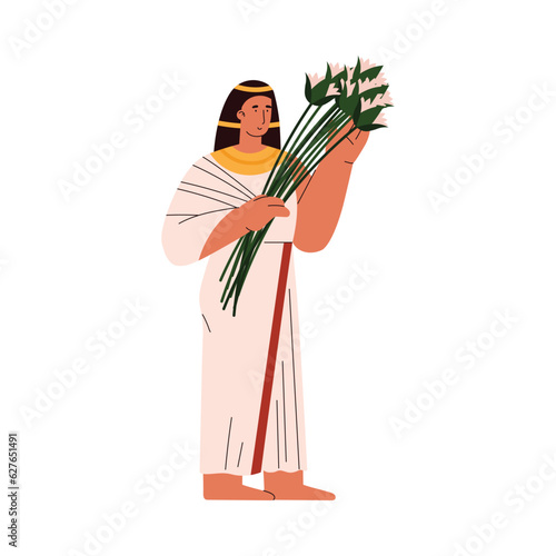 Ancient egyptian priest or pharaoh with lotus flowers, flat vector isolated.