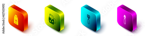 Set Isometric Sunscreen cream in tube, Jug glass with water, Spatula and Spoon icon. Vector