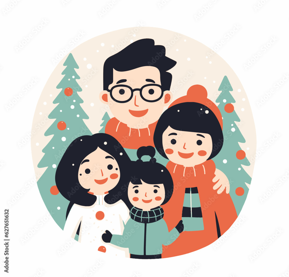Vector cartoon big family hugging at winter outdoor clothing standing together set. Adult couple, senior parents, boy and girl teen kids, small baby happy characters with flat style Vector cartoon big family hugging at winter outdoor clothing standing together set. Adult couple, senior parents, boy and girl teen kids, small baby happy characters with flat style