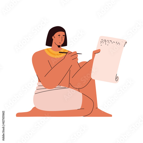 Smiling Egyptian man writing on papyrus flat style, vector illustration