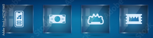 Set Music player, Stacks paper money cash, Brass knuckles and Concert ticket. Square glass panels. Vector