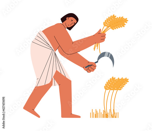 Ancient egyptian reaper peasant cuts wheat with sickle, flat vector isolated.