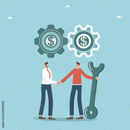 Teamwork in achieving goals and receiving rewards, cooperation and partnership in solving business problems, common vision of business and increasing its profitability, men shaking hands under gears.
