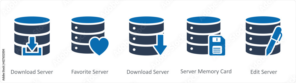 A set of 5 Internet icons as download server, favorite server, server memory card A set of 5 Internet icons as download server, favorite server, server memory card