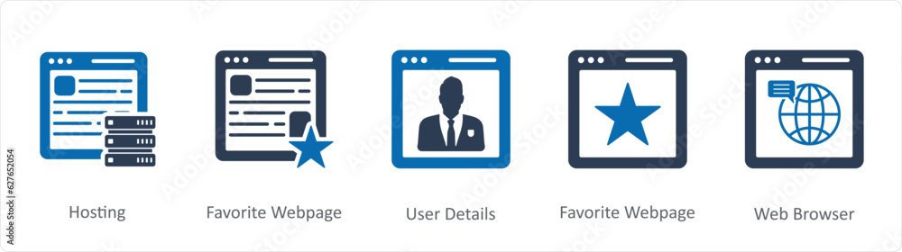 A set of 5 Internet icons as hosting, favorite webpage, user details