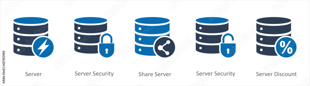 A set of 5 Internet icons as server, server security, share server A set of 5 Internet icons as server, server security, share server