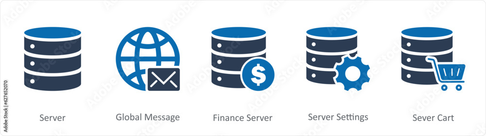 A set of 5 Internet icons as server, global message, finance server A set of 5 Internet icons as server, global message, finance server