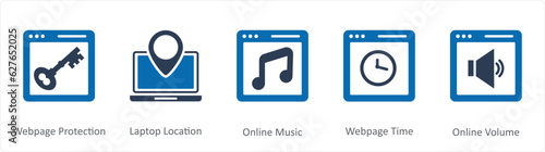 A set of 5 Internet icons as webpage protection, laptop location, online music