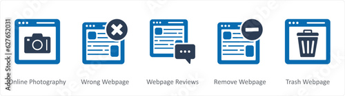 A set of 5 Internet icons as online photography, wrong webpage, 