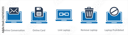 A set of 5 Internet icons as online conversation, online card, link laptop