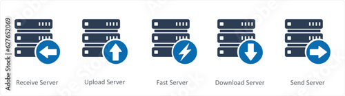 A set of 5 Internet icons as receive server, upload server, fast server