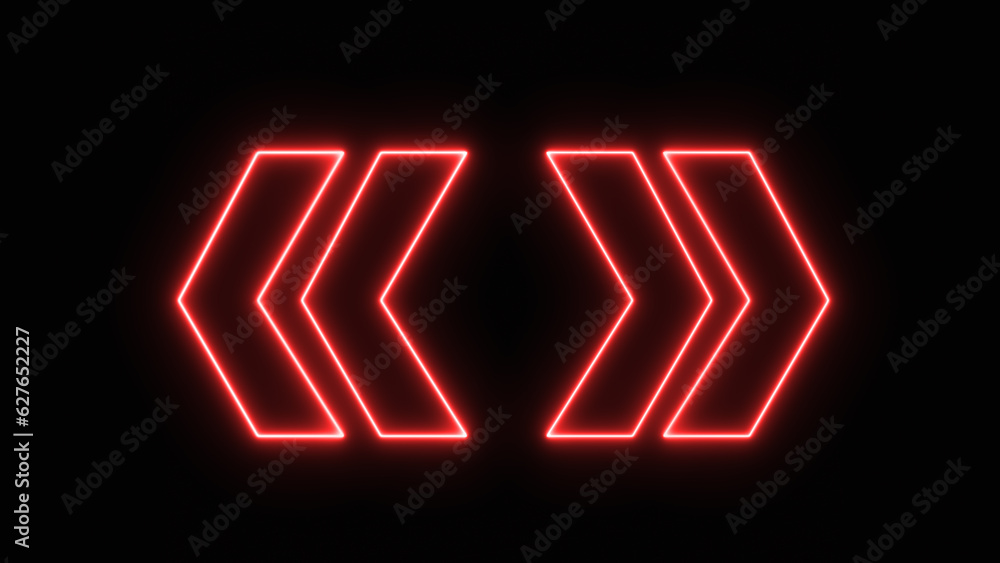 Red arrow sign hanging against black background. Left and right glowing neon direction at night. Lighting sparrow sign. Flashing direction indicators Red arrow sign hanging against black background. Left and right glowing neon direction at night. Lighting sparrow sign. Flashing direction indicators