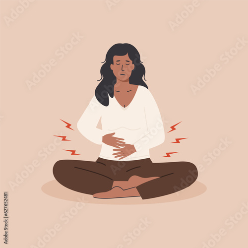 Menstrual pain. Young brown woman having abdominal cramps or PMS symptoms. Female character during menstrual monthly cycle having discomfort in her stomach. Vector flat illustration. photo