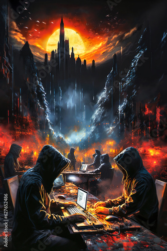 A lone man dressed in a hoodie sitting in front of his computer in a dark surreal room. The painting depicts a chilling scene of cybercrime in the digital realm. Generated by artificial intelligence. 