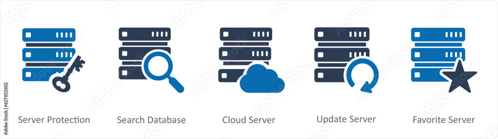 A set of 5 Internet icons as server protection, search database, cloud server A set of 5 Internet icons as server protection, search database, cloud server