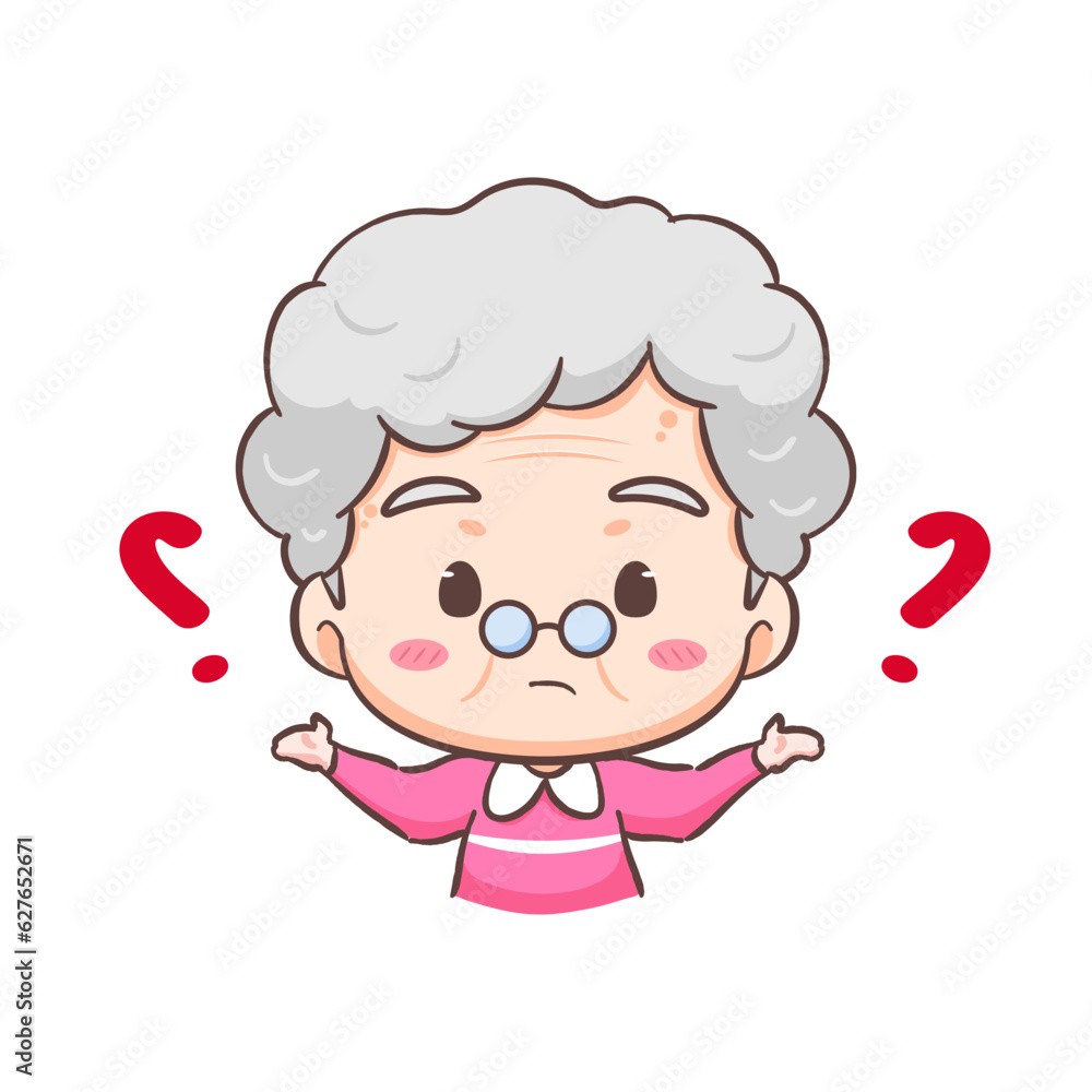 Cute grand mother confused with question mark cartoon character. People expression concept design. Isolated background. Vector art illustration. Cute grand mother confused with question mark cartoon character. People expression concept design. Isolated background. Vector art illustration.