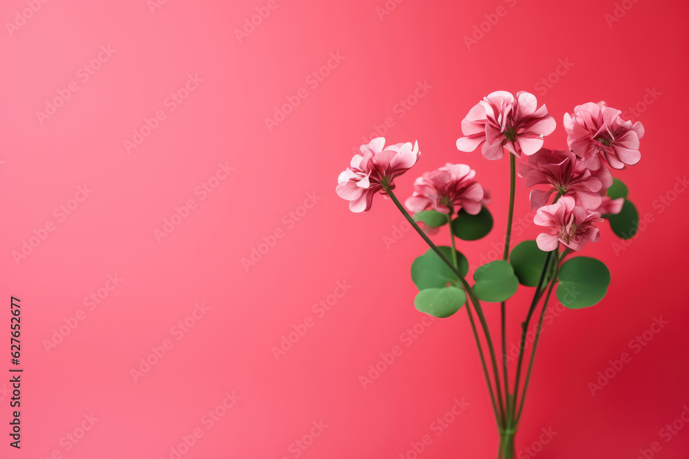 Bouquet of red clover on pink background with copy space for text