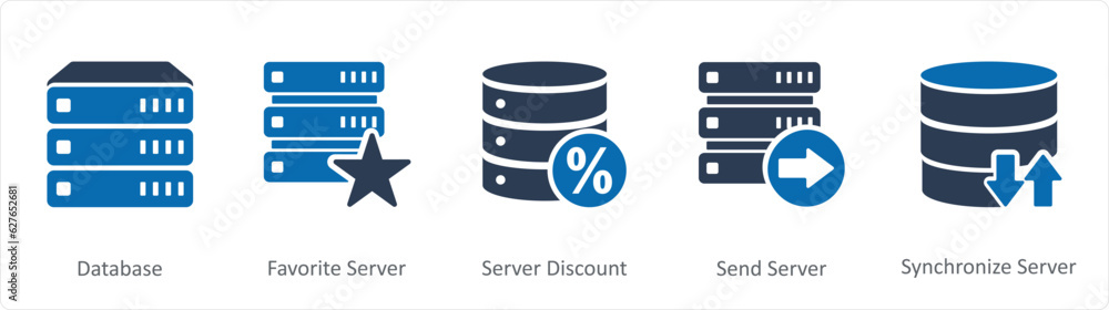 A set of 5 Internet icons as database, favorite server, server discount A set of 5 Internet icons as database, favorite server, server discount