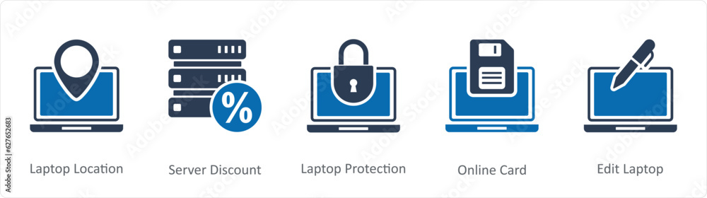 A set of 5 Internet icons as laptop location, server discount, laptop protection A set of 5 Internet icons as laptop location, server discount, laptop protection